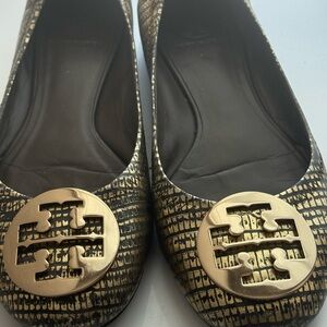 Tory Burch Black and Gold Textured Loafers